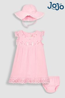 JoJo Maman Bébé Pink Mouse 2-Piece Broderie Cheesecloth Dress & Hat Set (Q83040) | €49
