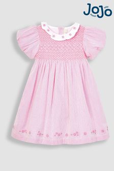 JoJo Maman Bébé Pink Floral Embroidered Collar Smocked Party Dress (Q83044) | SGD 74