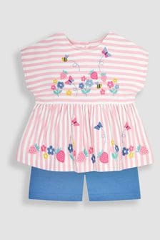 JoJo Maman Bébé Pink 2-Piece Strawberry Appliqué T-Shirt & Shorts Set (Q83051) | SGD 50