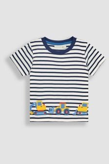 JoJo Maman Bébé Ecru Navy Stripe Digger Appliqué Border T-Shirt (Q83067) | SGD 33