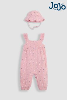 JoJo Maman Bébé Pink Floral 2-Piece Cheesecloth Jumpsuit & Hat Set (Q83068) | SGD 57