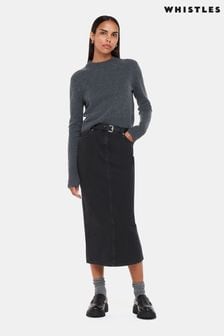 Whistles Grey Straight Denim 100% Cotton Midi Skirt (Q83111) | €128