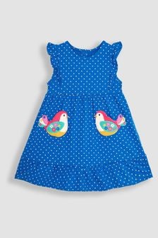 JoJo Maman Bébé Blue Bird Appliqué Frill Shoulder Pretty Summer Jersey Dress (Q83136) | AED116