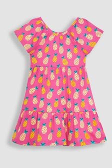 JoJo Maman Bébé Fuchsia Pink Pineapple Ruffle Sleeve Tiered Jersey Dress (Q83139) | SGD 39