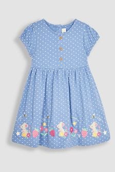 JoJo Maman Bébé Blue Meadow Mouse Appliqué Spot Puff Sleeve Jersey Dress (Q83142) | €37