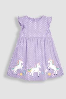 JoJo Maman Bébé Lilac Purple Unicorn Appliqué Frill Shoulder Pretty Summer Jersey Dress (Q83150) | €35