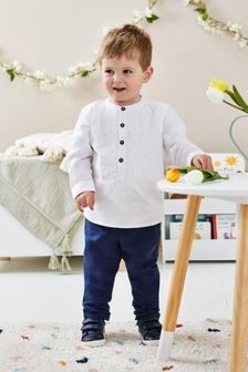 JoJo Maman Bébé White 2-Piece Embroidered Grandad Shirt & Trousers Set (Q83188) | 242 SAR