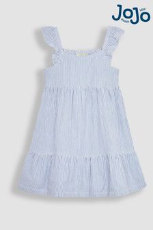 JoJo Maman Bébé Blue Seersucker Stripe Frill Shoulder Tiered Dress (Q83203) | NT$910