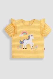 JoJo Maman Bébé Yellow Unicorn Appliqué Frill Sleeve T-Shirt (Q83211) | OMR9