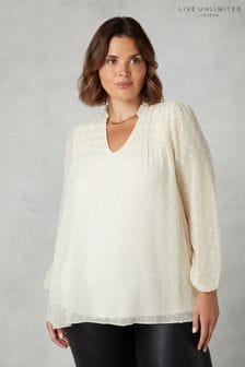 Live Unlimited Curve - Ivory Dobby Ruched Front White Blouse (Q83253) | $118