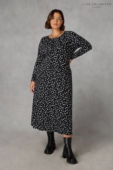 Live Unlimited Curve Mono Spot Print Jersey Empire Seam Midi Black Dress (Q83266) | kr766