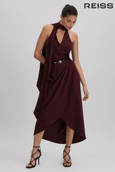 Reiss Burgundy Tayla Satin Wrap Front Midi Dress (Q83314) | €360