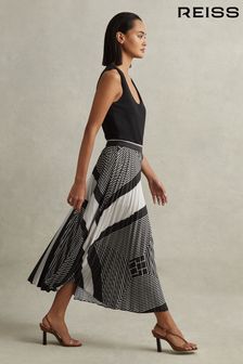 Reiss Black/Cream Gabi Printed Pleated Midi Skirt (Q83321) | 118,440 Ft