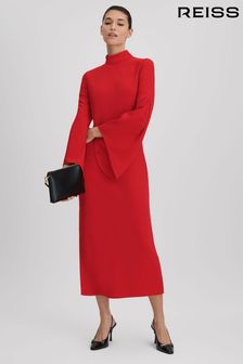 Reiss Red Katya Flute Sleeve Bodycon Midi Dress (Q83394) | 1,821 SAR