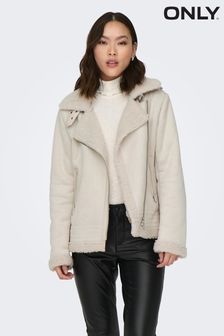 ONLY Cream Faux Suede Aviator Jacket With Teddy Borg Lining (Q83646) | $126
