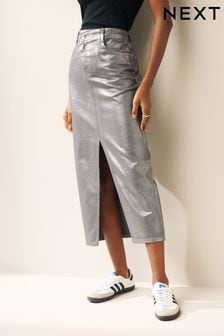 Metallic Asymmetric Waist Denim Midi Skirt