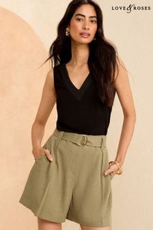 Love & Roses Khaki Green Tailored Belted Shorts With Linen (Q84347) | $58