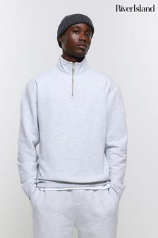 River Island Grey Long Sleeve Funnel Neck ZT Polo Hoodie (Q84835) | €42