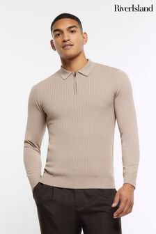 River Island Natural Muscle Fit Cable Polo Shirt (Q84847) | SGD 62