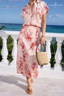 V&A | Love & Roses Pink Floral Contains Linen Printed Lace Trim Pencil Skirt (Q84862) | 193 QAR