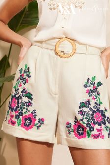 Slonokoščena bela cvetlična - V&s | Love & Roses Embroidered Belted Shorts With Linen (Q84873) | €46