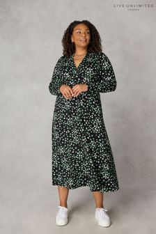Live Unlimited Curve Green Ditsy Print Jersey Shawl Collar Midi Dress