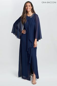 Niebieska sukienka maxi Gina Bacconi Polly z dekoltem typu halter, zdobieniem i rękawami pelerynowymi (Q85384) | 732 zł