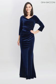 فستان Gina Bacconi طويل مخملي صوفي أزرق بأكمام 3/4 (Q85402) | 140 ر.ع