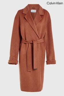 Calvin Klein Wool Belted Wrap Brown Coat
