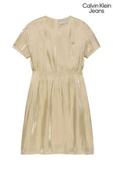 فستان ذهبي بطيات لامعة من Calvin Klein Jeans (Q85710) | $219