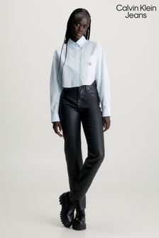 Calvin Klein Jeans ブルー ウーブン ラベル クロップドシャツ