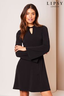Black - Lipsy Long Sleeve Keyhole Belted Jersey Mini Dress (Q85759) | kr620