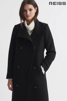 Reiss Black Blair Petite Wool Blend Double Breasted Long Coat (Q85772) | €576