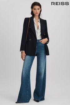 Reiss Navy Lana Petite Tailored Textured Wool Blend Double Breasted Blazer (Q85791) | OMR224