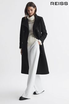 Reiss Black Blair Wool Blend Double Breasted Long Coat (Q85797) | 238,140 Ft