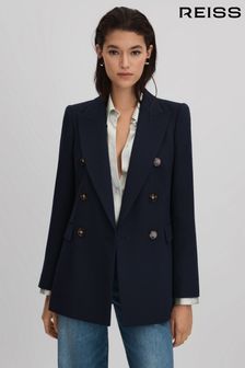 Reiss Navy Lana Tailored Textured Wool Blend Double Breasted Blazer (Q85814) | ₪ 2,172
