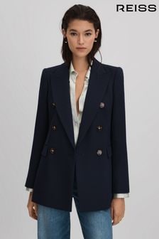 Reiss Navy Lana Tailored Textured Wool Blend Double Breasted Blazer (Q85814) | $527