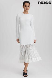 Reiss Cream Tasmin Knitted Sheer Flared Midi Dress (Q85822) | €408