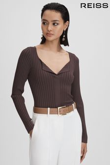 Reiss Burgundy Monica Ribbed Open Collar Top (Q85829) | AED850