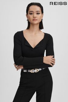 Reiss Black Monica Ribbed Open Collar Top (Q85831) | AED850