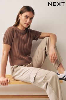Brown Linen Blend T-Shirt (Q85856) | KRW48,500