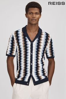 Reiss Blue Multi Waves Knitted Cuban Collar Shirt (Q86049) | kr2,333