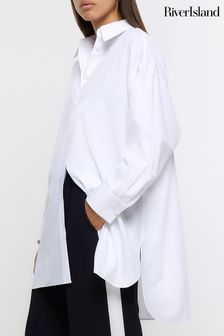River Island White Oversized Cuffed Poplin Shirt (Q86252) | $60