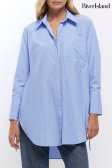 River Island Blue Oversized Tie Side Narrow Stripe Shirt (Q86287) | AED215
