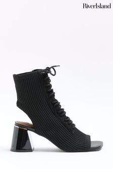River Island Black Knitted Open Toe Heeled Shoe Boots (Q86291) | kr730