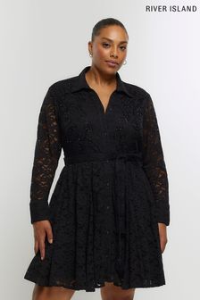 River Island Black Plus Beaded Lace Shirt Dress (Q86315) | €31