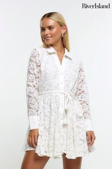 River Island Cream Petite Beaded Lace Shirt Dress (Q86316) | €34