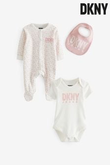 DKNY Jeans Pink Cotton Sleepsuit, Bodysuit and Bib Baby Gift Set (Q86573) | €37