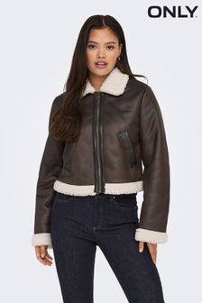 ONLY Brown Faux Fur Collar Detail Bomber Jacket (Q86626) | SGD 126