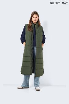 NOISY MAY Green Maxi Length Padded Quilted Collarless Gilet (Q86650) | €69